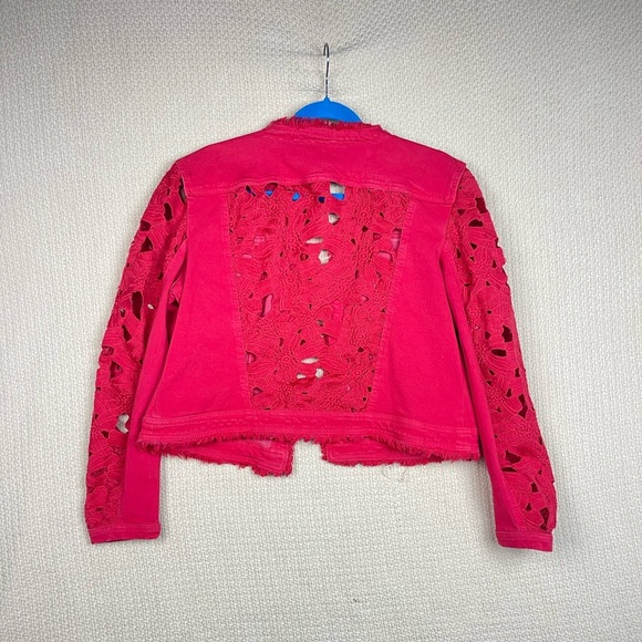 Peter Nygard Red Denim Jacket By Nygard With Lace Women’s Size Large - Picture 2 of 10